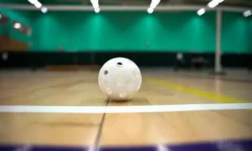 a white pickleball on a  indoor pickleball court
