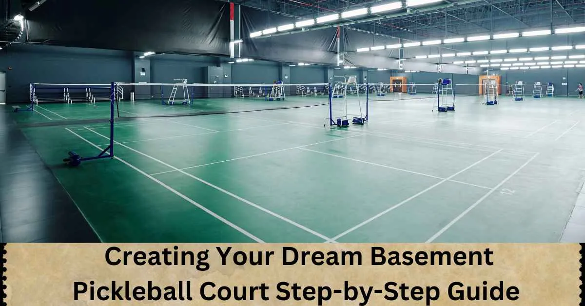 a basement pickleball court with net and poles