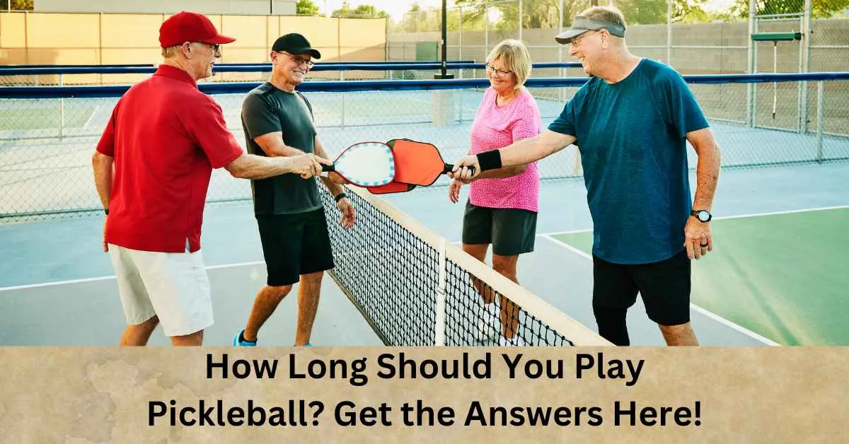 a group of people holding paddles on a pickleball court. and discussing how long should you play pickleball
