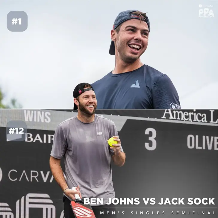 Ben John and Jack sock smiling before the semi final match and holding a pickleball racket
